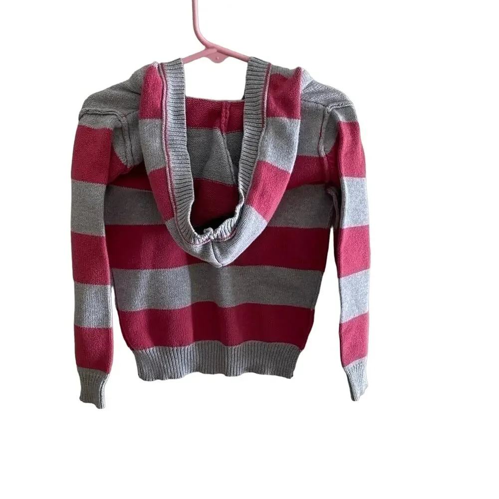 Oshkosh B'gosh 100% Cotton Gray Pink Striped  Hooded Tight Knit Sweater Size 5